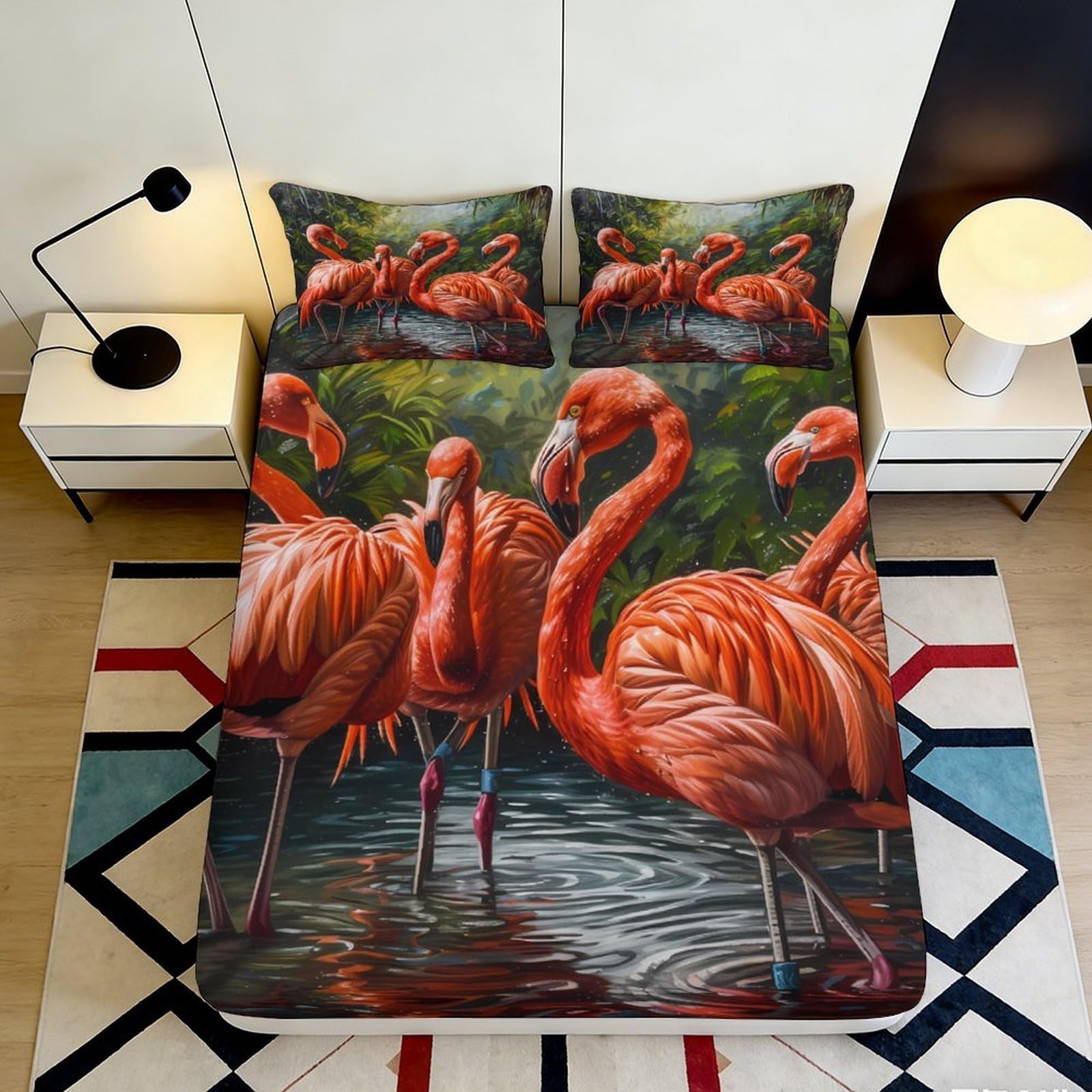 3D Printed Flamingo Lake Fitted Sheet Microfiber Soft Decorative Water Bird Bed Cover for Bedroom Guest Room 90x200x25cm