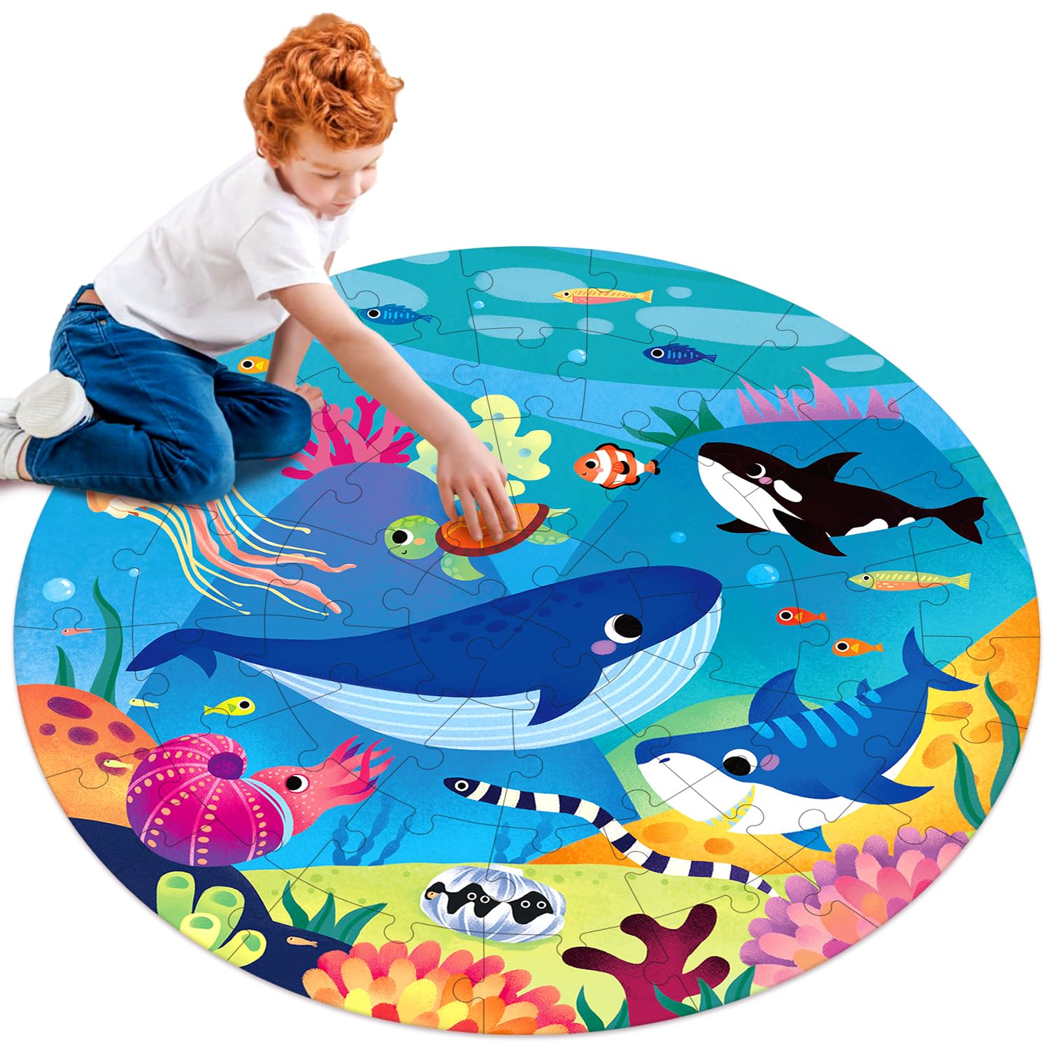 MoinKidz Floor Puzzles for Kids Ages 4-8, Ocean Animal Large 48 Piece Round Wooden Puzzles for Kids Ages 3-5, Educational Toys Wooden Jigsaw Puzzle for 6 7 8 Year Old