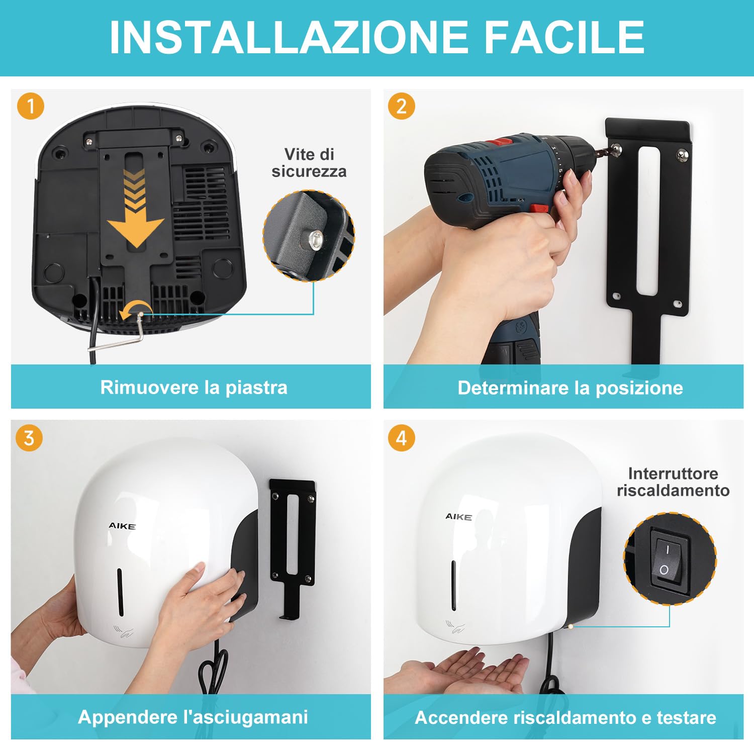 AIKE GentleAir Asciugamani Elettrico ad Aria Calda Silenzioso, per Casa & Bagni, AC220V-240V, Bianco Nuvola