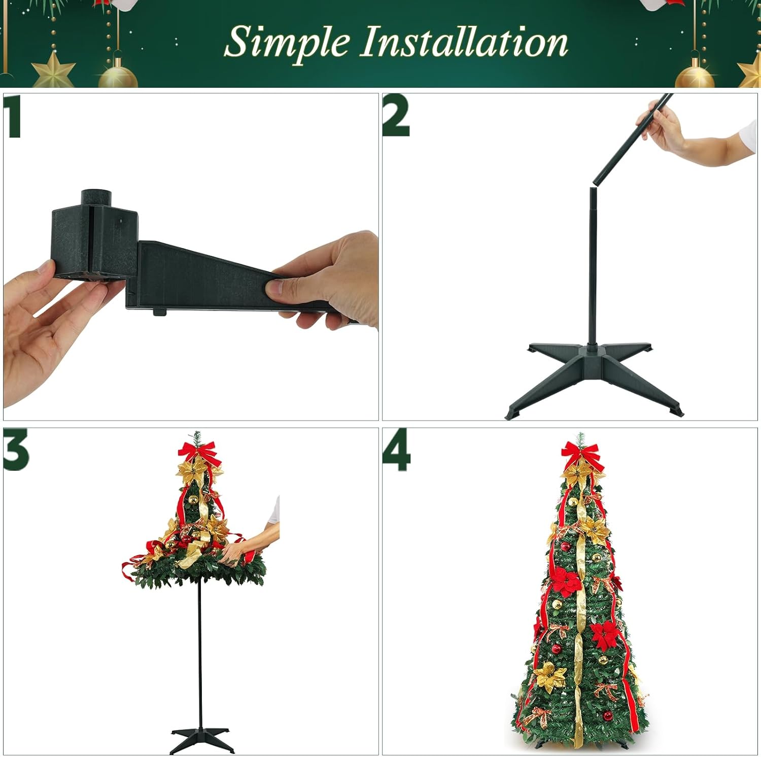 FastDeng 6FT Pop up Christmas Tree - Fully Decorated Pre-Lit Pull Up Christmas Tree with 200 Warm White Lights, Gold Red Ball Ornaments Bows Ribbons for Holiday Indoor Outdoor Party Decoration