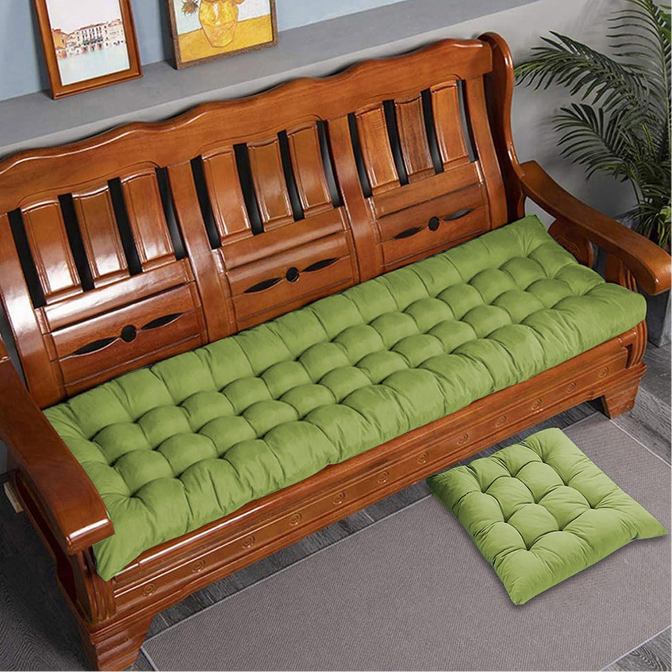 Rr Tianshi Green Thick Cotton Bench Cushion Pad 2/3 Seater,Cotton Sofa Bench Seat Cushions Pad Long Seat Pad For Home/Garden/Patio/Swing/Indoor (140X50cm,)