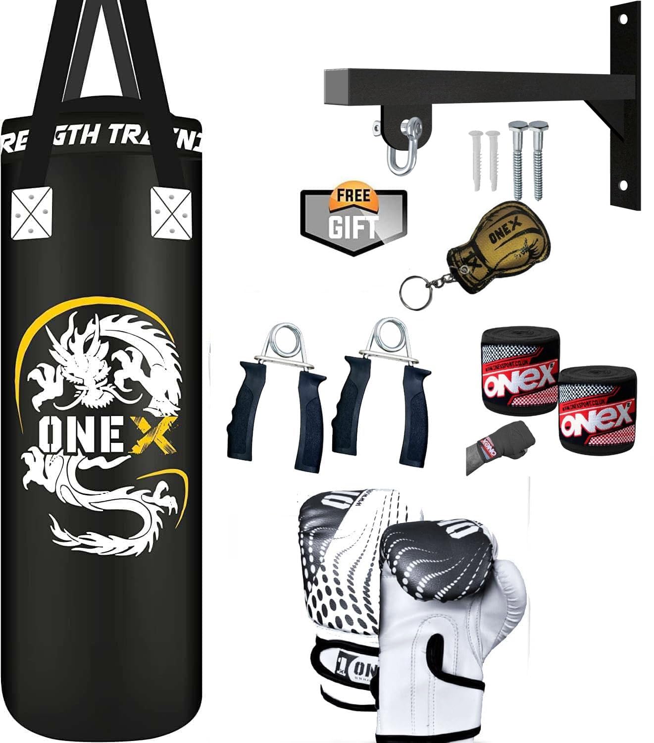 Junior Boxing Punch Bag Training Set, Filled 3ft Set, Wall Bracket Punching Gloves, Kickboxing MMA Grappling Muay Thai Karate BJJ Home Gym Fitness (Black, 3ft)