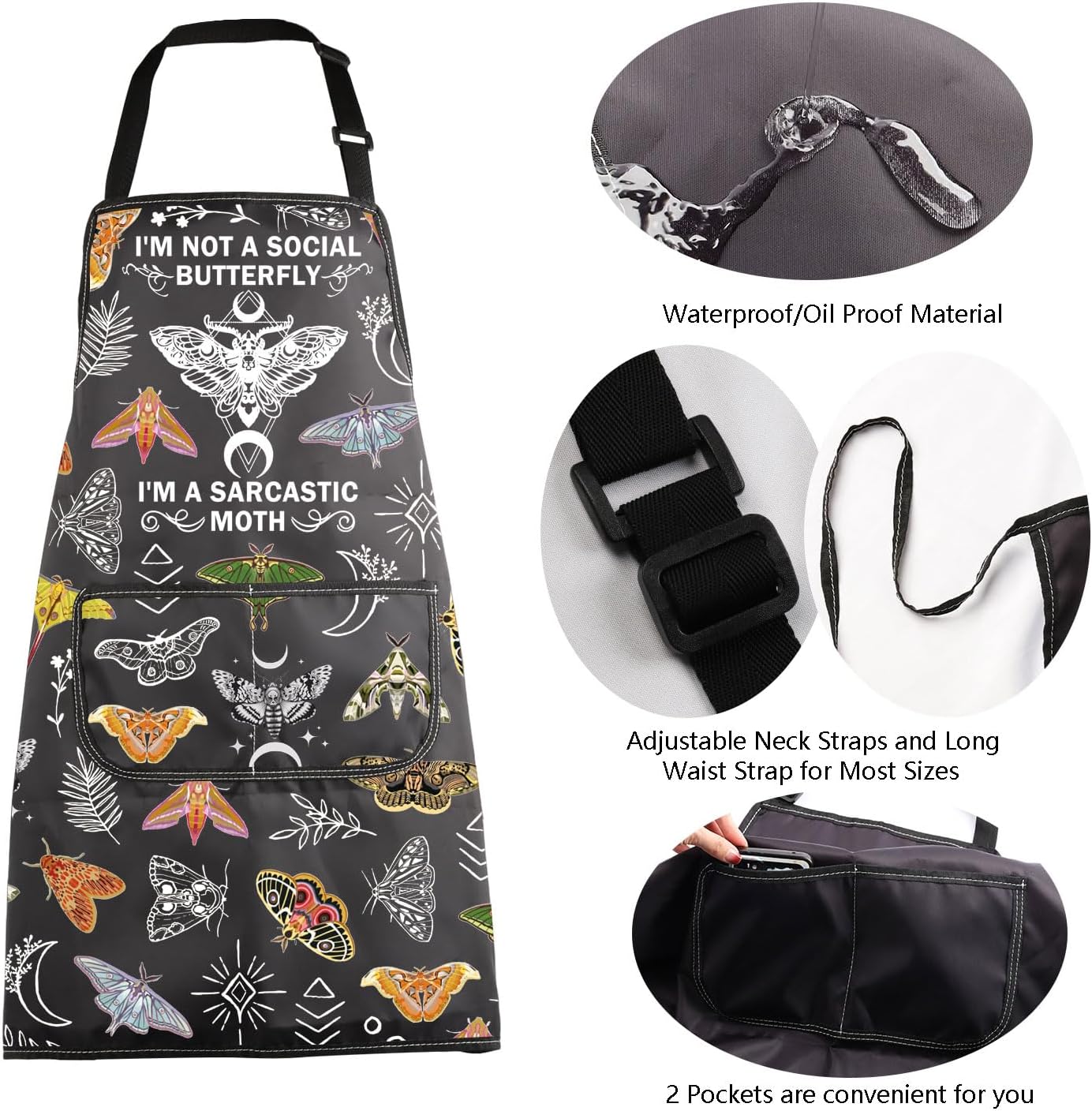 MBMSO Death Head Moth Apron Celestial Gifts for Moth Lovers I'm Not a Social Butterfly Goblincore Gifts Mystical Witchy Apron - Image 5