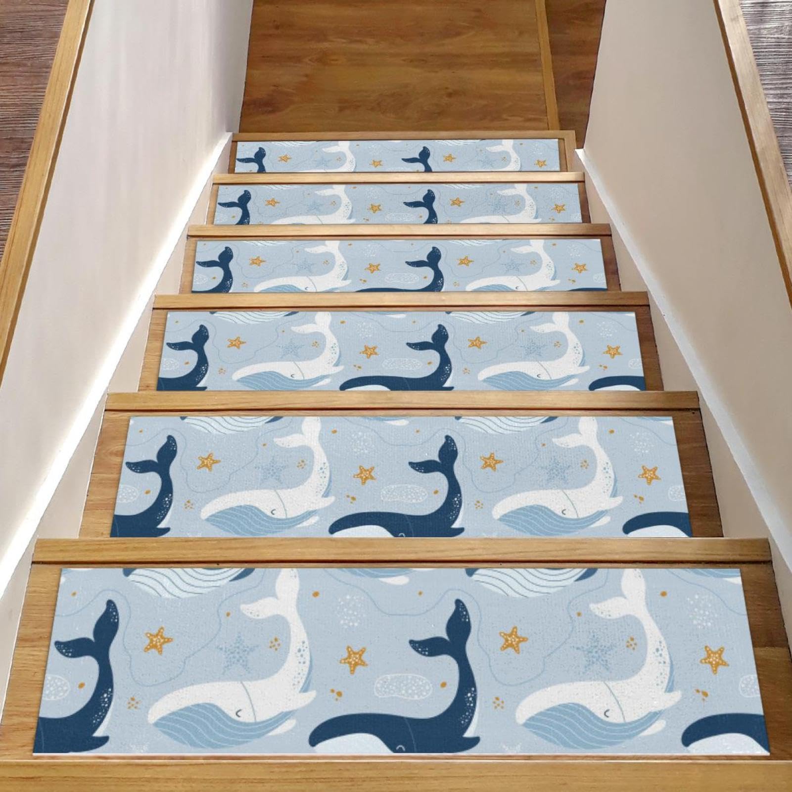 Alfombrillas para escaleras de madera con diseño de ballenas de 8x30 pulgadas