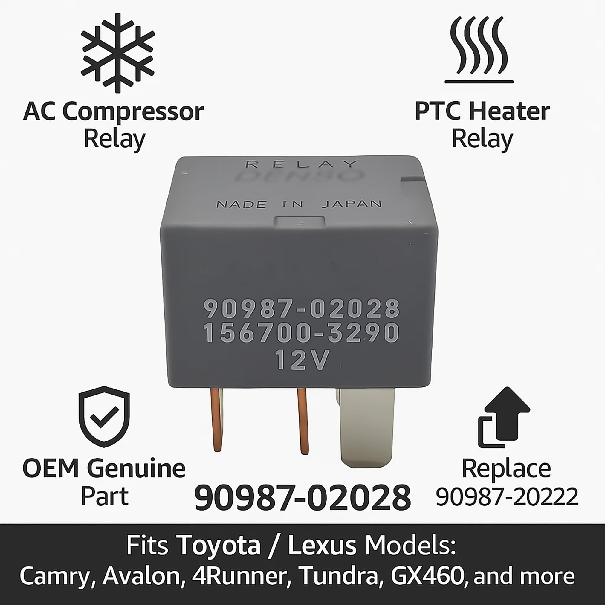 トップス NC Relay 90987‑02028 – 12V 4-Pin SPST AC Clutch Relay for A/C