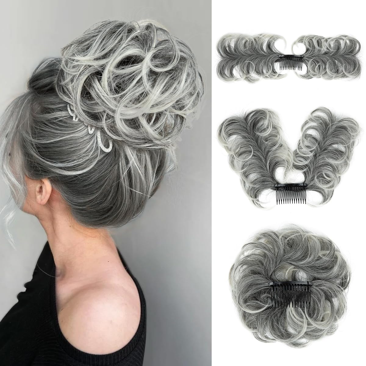 Photo 1 of youngways Messy Bun Hair Piece Side Comb Clip in Hair Bun Hairpiece for Women Short Natural Straight Versatile Adjustable Styles Easy Hair pieces (Salt Pepper-C)