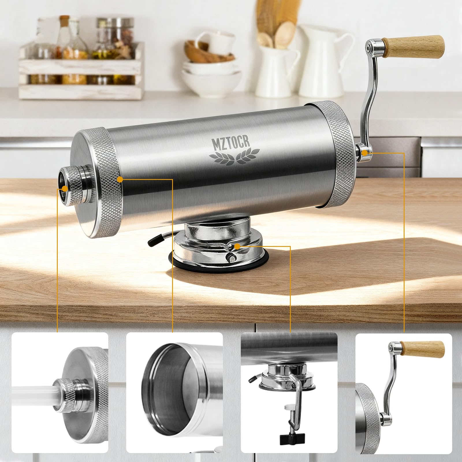 MZTOGR 5L Wurstfüller, Edelstahl Horizontale Wurstmaschine, Manuelle Wurstmaschine, Wurstpresse mit Tischklemme & 4 Füllrohre, Wurstfüllmaschine für Hausgemachte