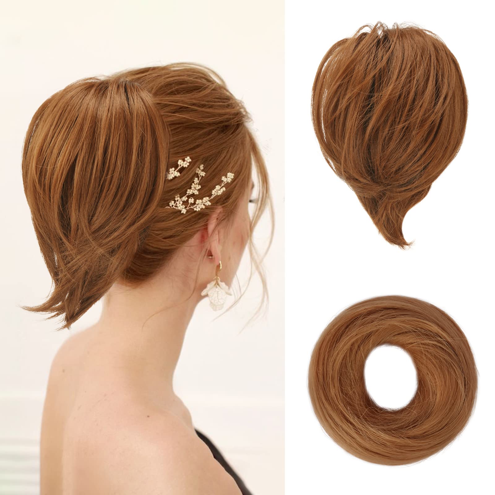 BARSDAR Copper Hair Bun Ponytail Extension, Straight Synthetic Fully Short Ponytail Bun Extensions Elastic Messy Hair Bun Scrunchies Hairpieces for
