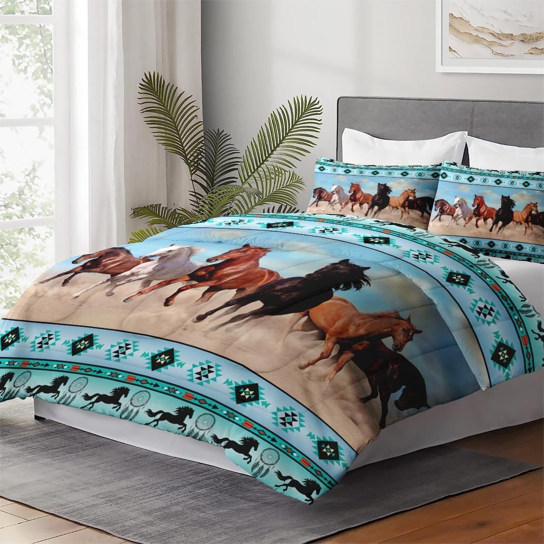 Full Size Comforter Set with 2 Pillowcases, Horses Desert Animal 3 Pcs Bedding for Kids and Adults, Tribal Farm Sunset Run Soft Comforter Set for Bedroom Bed Decor - Image 4