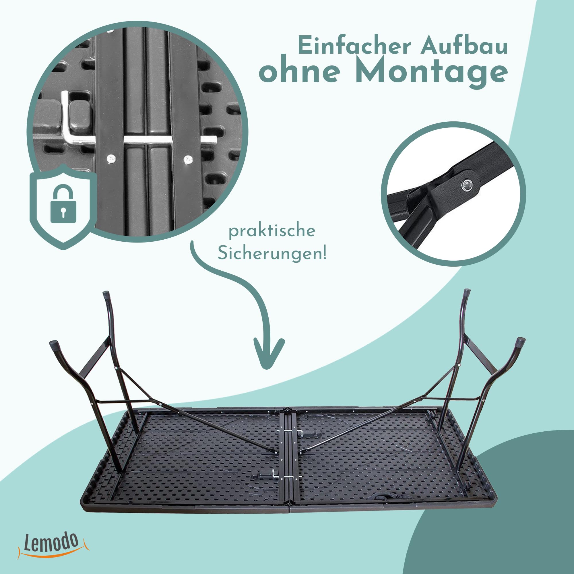 Lemodo Klapptisch 180 x 75 cm – klappbarer Gartentisch & Buffettisch bis 150 kg, Stabiler Partytisch in wetterfester Holzoptik schwarz, als Koffertisch mit Tragegriff platzsparend verstaubar