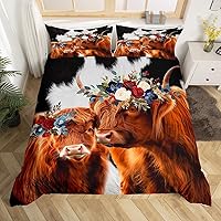 Vista 33 de Funda de edredón de vacas de las tierras altas tamaño Queen, funda de colcha con temática de granja retro occidental con animales salvajes y 2