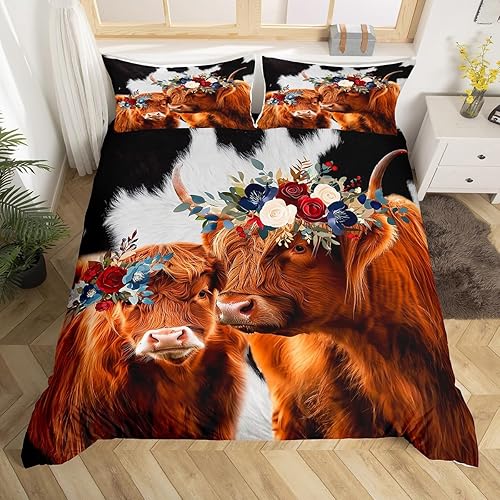 Miniatura 33 de Funda de edredón de vacas de las tierras altas tamaño Queen, funda de colcha con temática de granja retro occidental con animales salvajes y 2