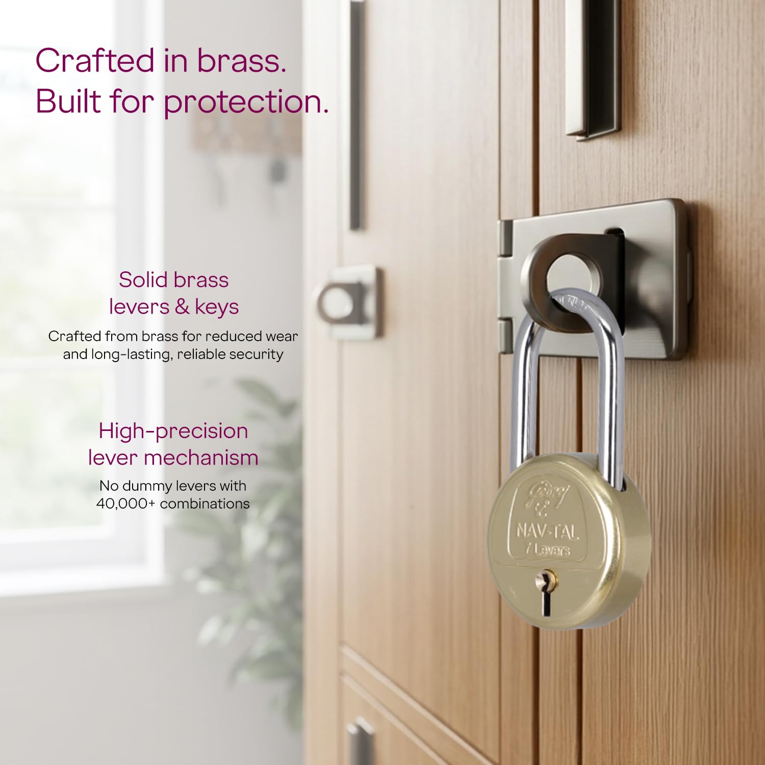 Godrej Locks I Navtal 7 levers 65 mm I 3 Keys I Long Hardened Shackles I for Padlock for Main Door I Gate Lock I Tool Box, Shutters, Shops & Offices I Brass Finish | 1 Year Warranty — Amazon image 4