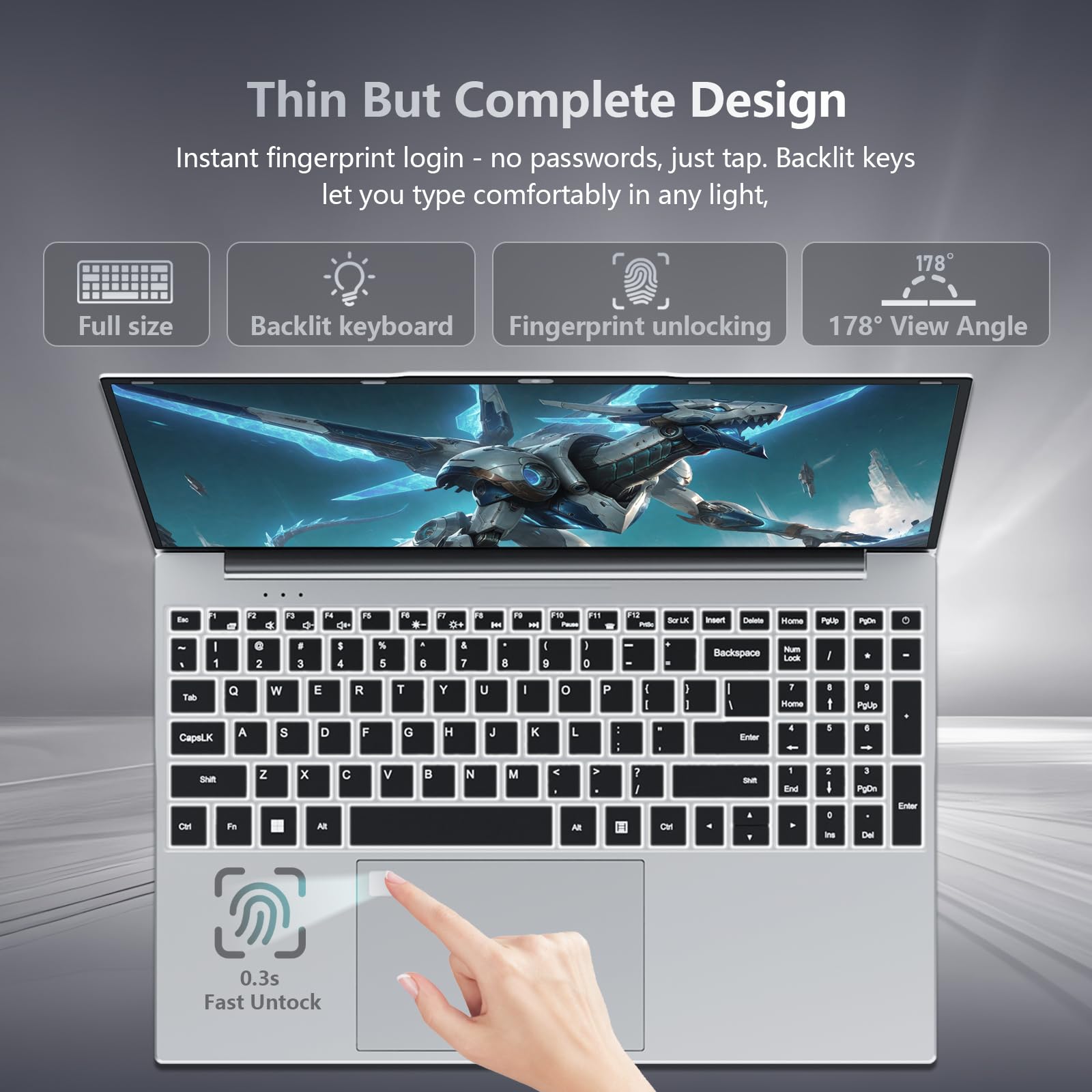 Ordenador Portátil 15,6" Celeron N95, PC Portátil Win 11 16GB RAM 512GB SSD, Laptop Pantalla FHD IPS, Teclado Retroiluminado con Huella Dactilar, USB3.0, HDMI, WiFi 5 - Computadora Portátil Versátil — view 5