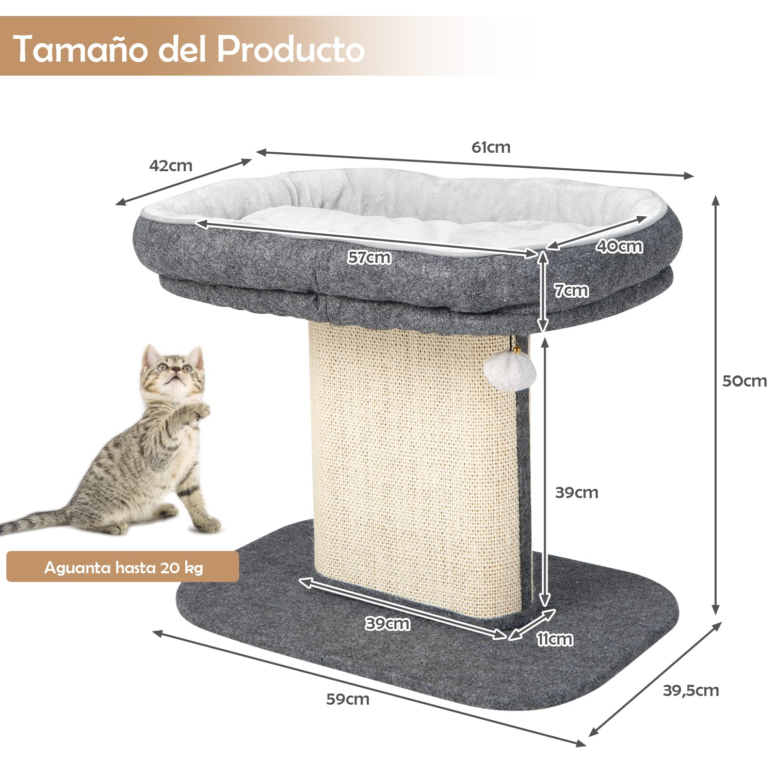 COSTWAY Árbol Rascador Pequeño para Gatos, 59 x 39 x 50 cm, Torre de Actividades para Gatitos con Poste Rascador de Sisal y Almoadilla de Felpa, Bola, Cama Rascador para Gatos con Cojín Suave (Gris)