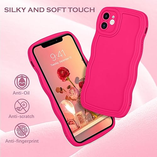 Miniatura 3 de YINLAI Funda diseñada para iPhone 12 de 6.1 pulgadas, funda de teléfono rosa neón Barbie, bonita forma de marco de onda rizada, delgada, suave, de