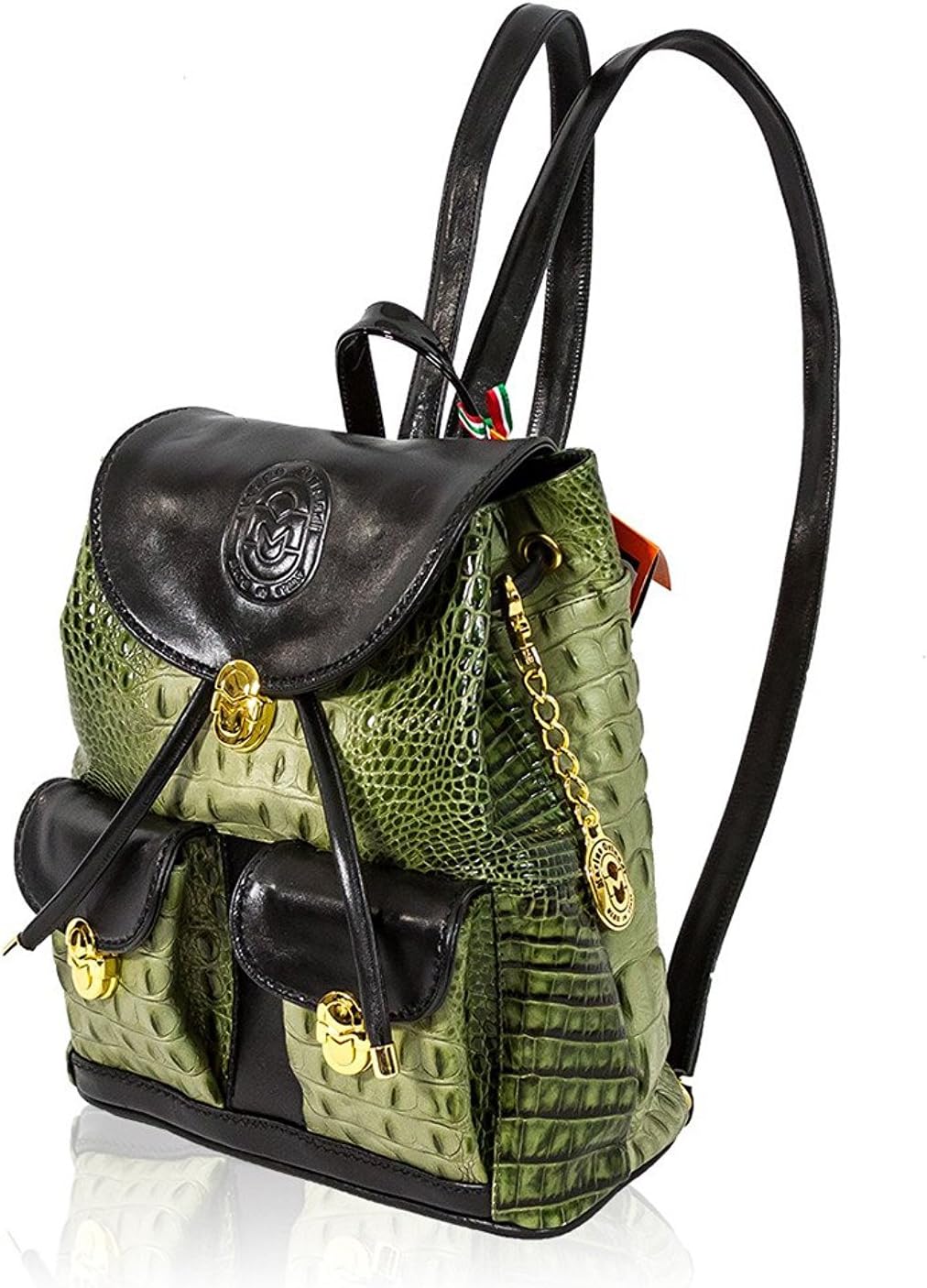 Marino Orlandi Italian Designer Green Alligator Embossed Leather Backpack Sling