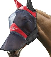 Vista 6 de Harrison Howard Pro Luminous Horse Fly Máscara de nariz larga con orejas protección UV para caballo, rojo escarlata, negro, mazorca mediana