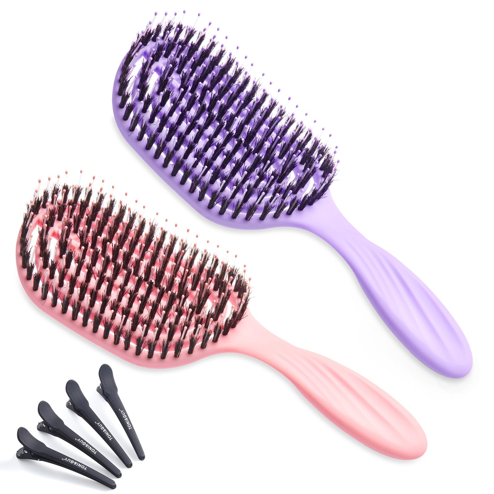 Lictin 2 PCS Cepillo Cerdas Jabali y 4 Clip de Pico de Pato-Cepillo Desenredante,Cepillo profesional de masaje de secado rápido para grueso, rizado, húmedo y seco, para mujeres, hombres y niños