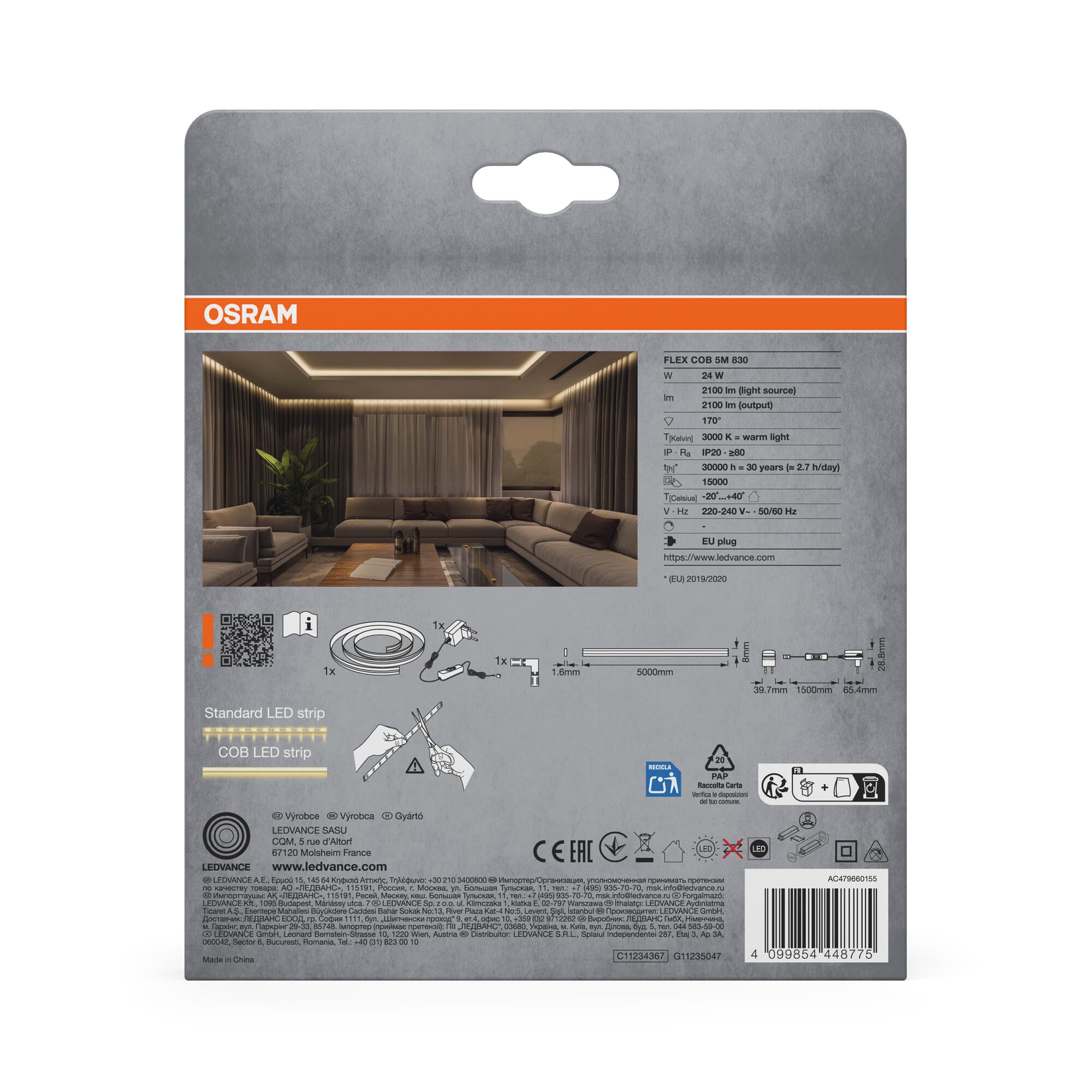 OSRAM Tira LED FLEX COB 5M, amarillo, 22W, 1750lm | Flex COB, Ambient Mood Light, Amarillo, 30000 h, Paquete de 1