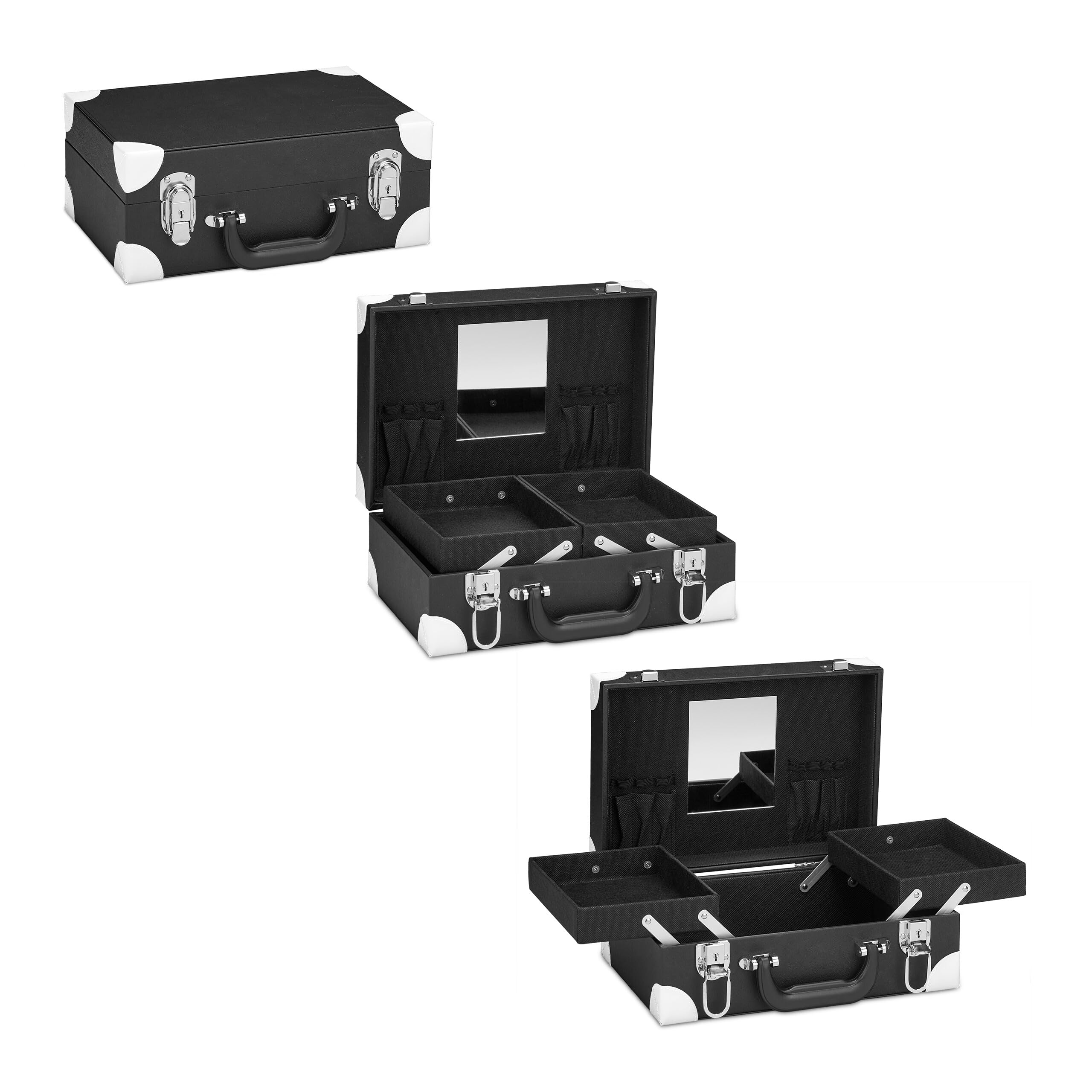Relaxdays Valigetta per Trucchi, Organizer Make-Up per Cosmetici con Specchio, HLP 12,5 x 31 x 23 cm, Vuoto, Nero Bianco