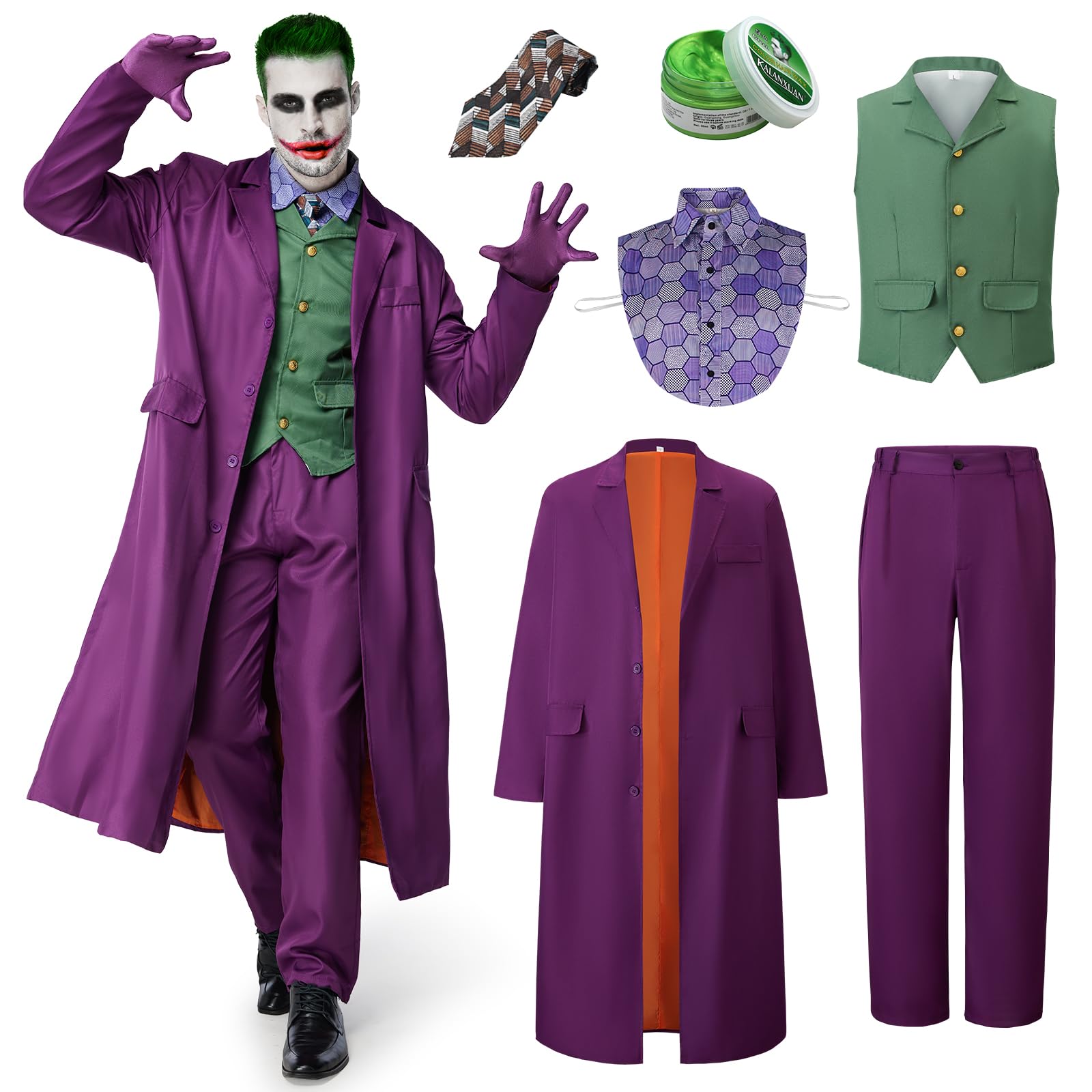 IEEILULU Disfraz Joker Hombre, Disfraz de Payaso Terror Hombre Halloween Disfraz Joker con Abrigo Morado, Chaleco Verde, Pantalones, Corbata, Cuello de Camisa Falso y Guantes para Halloween (M)