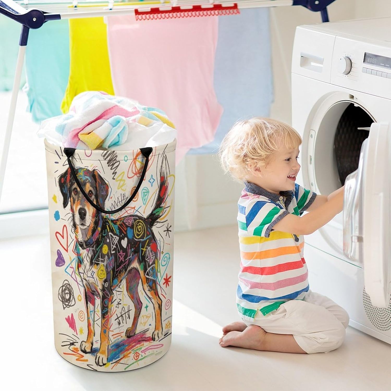 A Dog with Messy Drawings Laundry Hamper 86L Waterproof Collapsible Clothes Basket with Double Handles Freestanding Foldable Laundry Basket Large Clothes Hamper for Bathroom