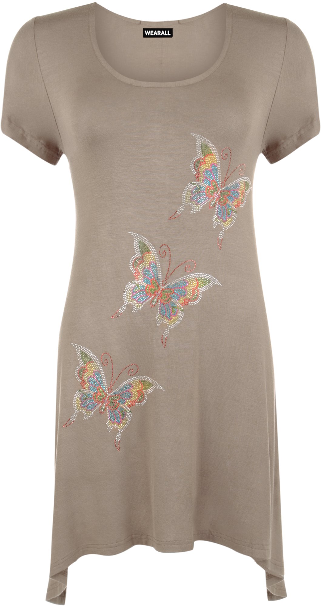 Wearall Women's Mocha Butterfly Sequin Stud Long Swing Hanky Hem Short Sleeve Top - 22-24