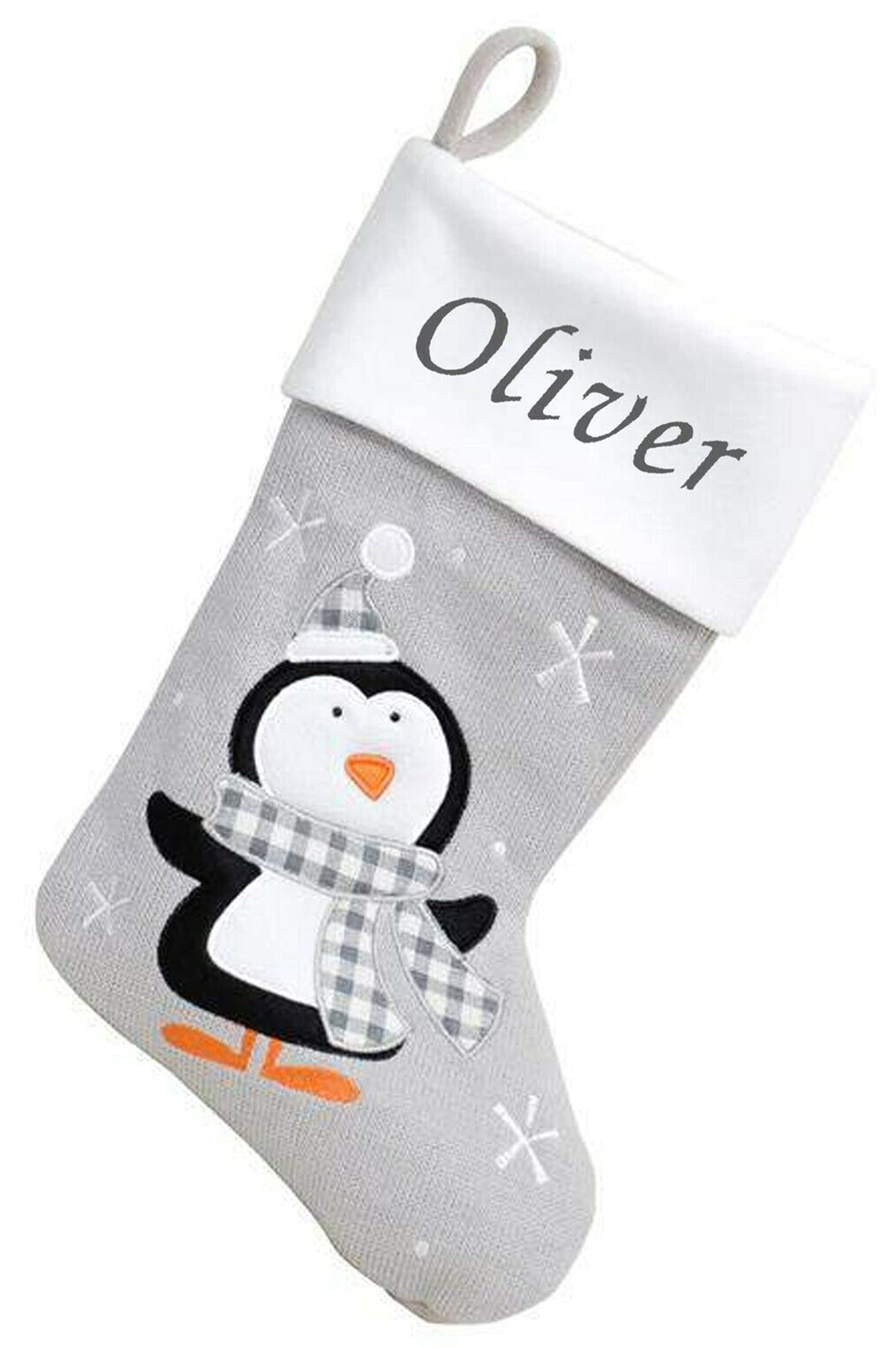 Kids Essentials Boys Grey - Checked Penguin Personalised Girls Christmas Stocking Xmas Embroidered Novelty Stocking (Grey - Checked Penguin), 40Cm X 25Cm.