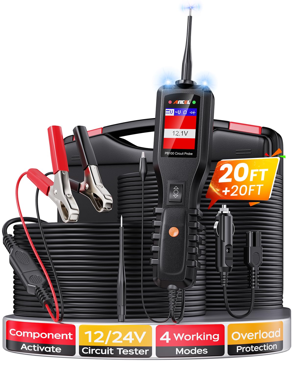 ANCEL PB100 Automotive Power Circuit Probe, 12-24 VDC Car Electrical System Diagnostic Test Tool, AC/DC Current Resistance Continuity Load Circuit Tester, Digital Volt Meter Ohmmeters, 40FT Cable