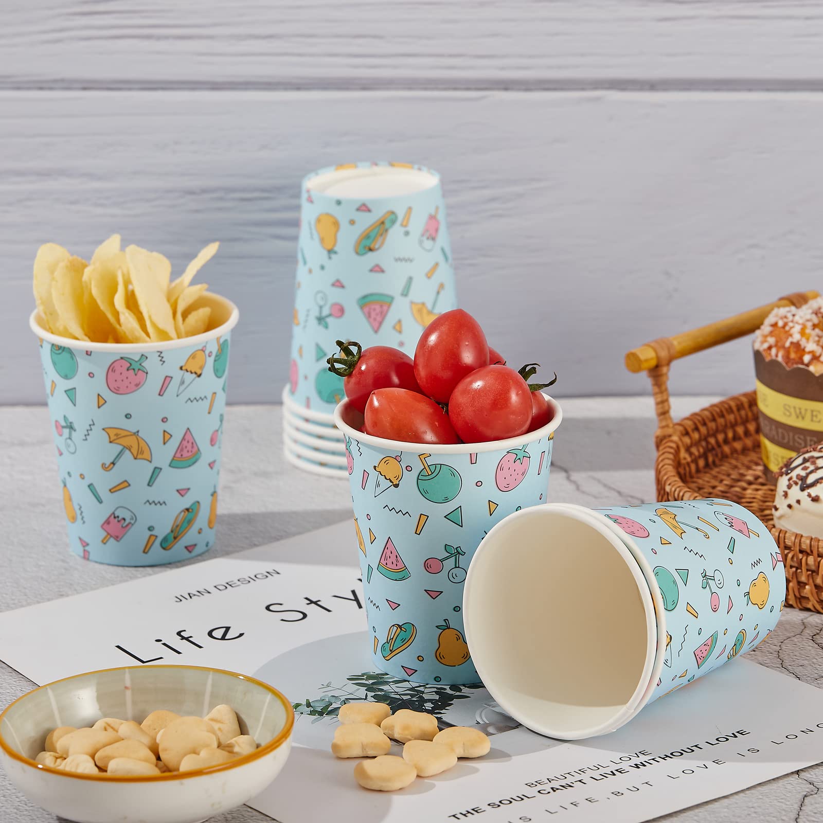 SIUQ 300 Pack 8 OZ Paper Cups, Disposable Coffee Cups without BPA, Hot/Cold Beverage Drinking Cups for Water Juice, Perfect for Office Party Home (Fruits)