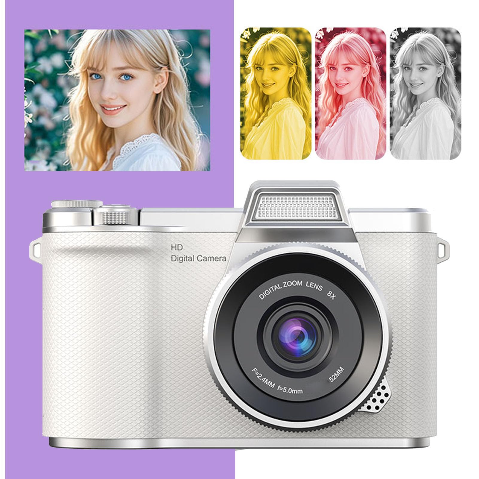 Fockety Fotocamera Digitale per Fotografia, Fotocamera Mirrorless da 48MP con Zoom 8X 1080P con Schermo Flip da 2,4" a 180° Flash per Vlogging con Messa a Fuoco Automatica, (WHITE)