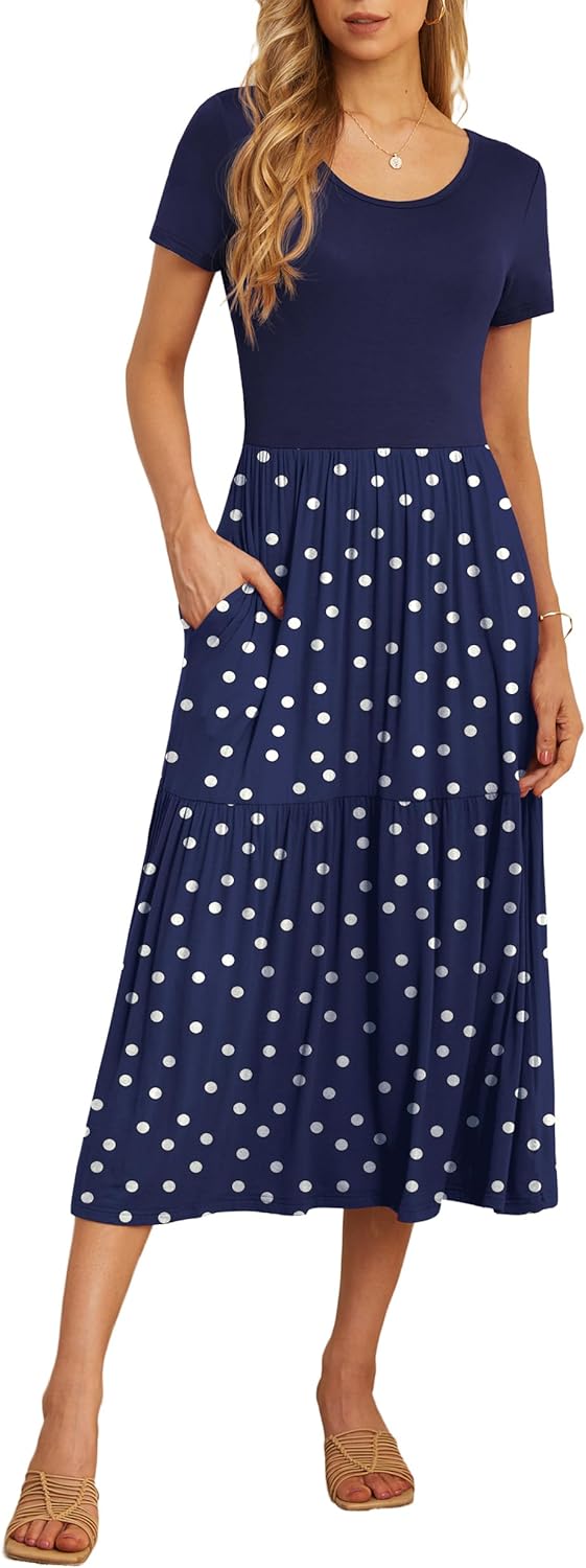 GRECERELLE Women's Summer Casual Short Sleeve Crewneck Tiered Flowy Maxi Long Dress with Pockets (S-2XL)