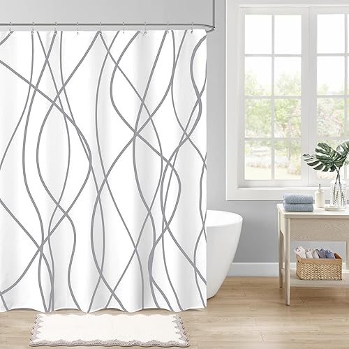 Miniatura 4 de ORTIGIA Cortina de ducha con forro, rayas grises onduladas, cortina de ducha 3 en 1 con 12 ganchos de metal de doble cara a prueba de óxido,