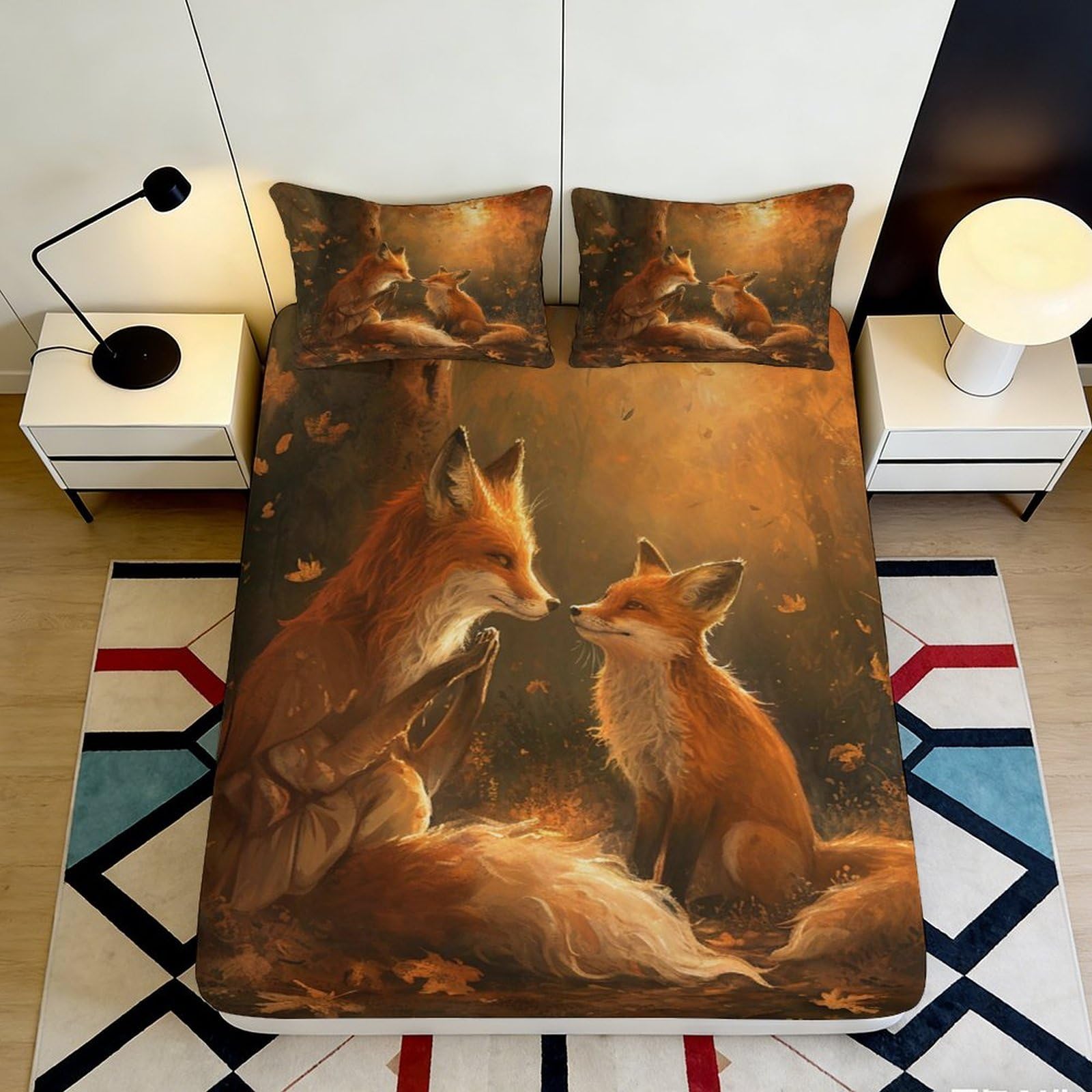 3D Printed Fox Forest Fitted Sheet Microfiber Soft Autumn Leaves Mattress Cover for Bedroom Guest Room Decor 90x200x25cm