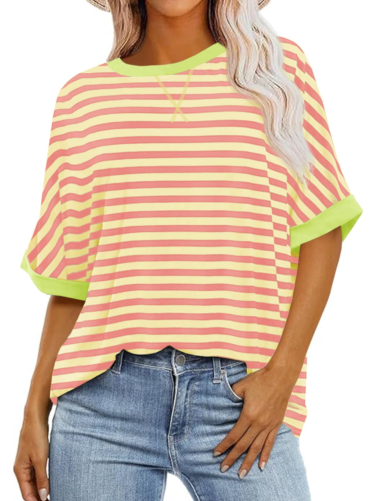 Tankaneo Womens Oversized Striped Tee Shirt Summer Casual Color Block Half Sleeve Crew Neck Tunic Tops