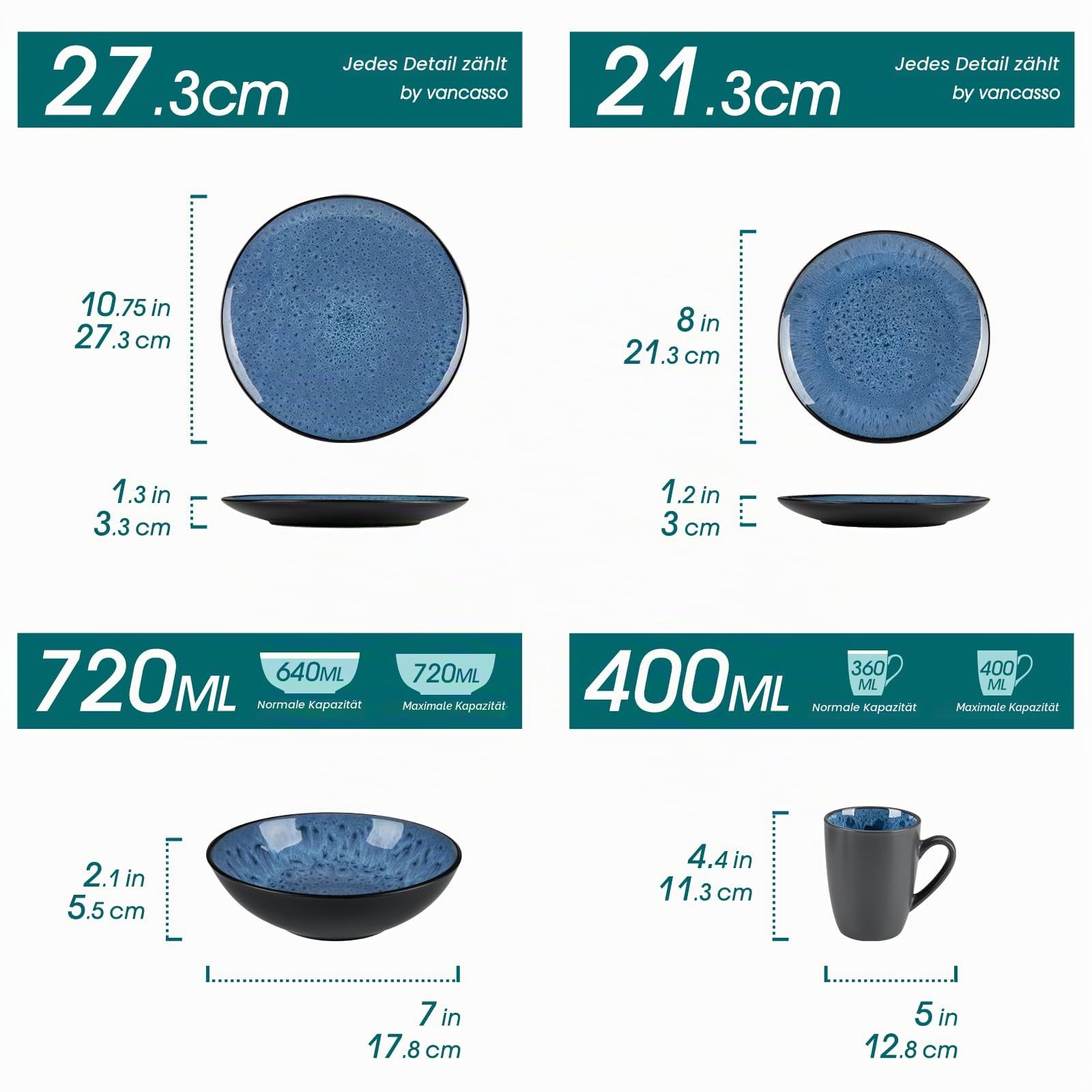 Geschirrset Steinzeug, vancasso BUBBLE 16-tlg Geschirr Set blau, Reaktive Glasur Tafelservice mit Teller Set, Schalen und Tassen Set aus Steingut, für 4/8/12 Personen