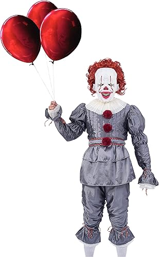 Disfraz de payaso IT de lujo para Halloween tallas grandes para adultos y niños con máscara de payaso y globos