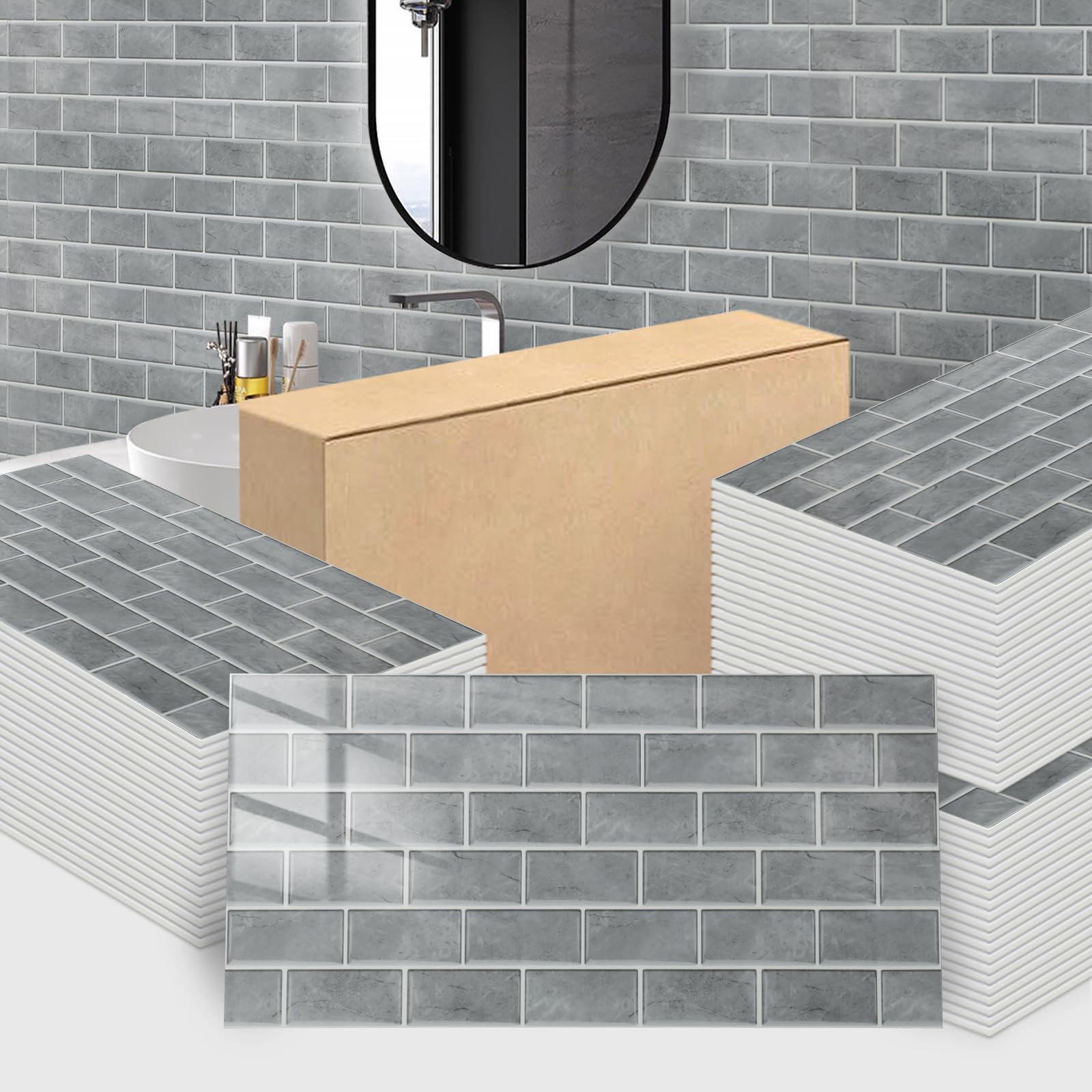 Trafagala 50Pcs Brick Grey Marble Tiles 60x30cm Thicken Self Adhesive Wall Tiles Waterproof Peel and Stick on Vinyl Tiles Stickers for Living Room Bedroom Bathroom Kitchen Splashback Panel Covering
