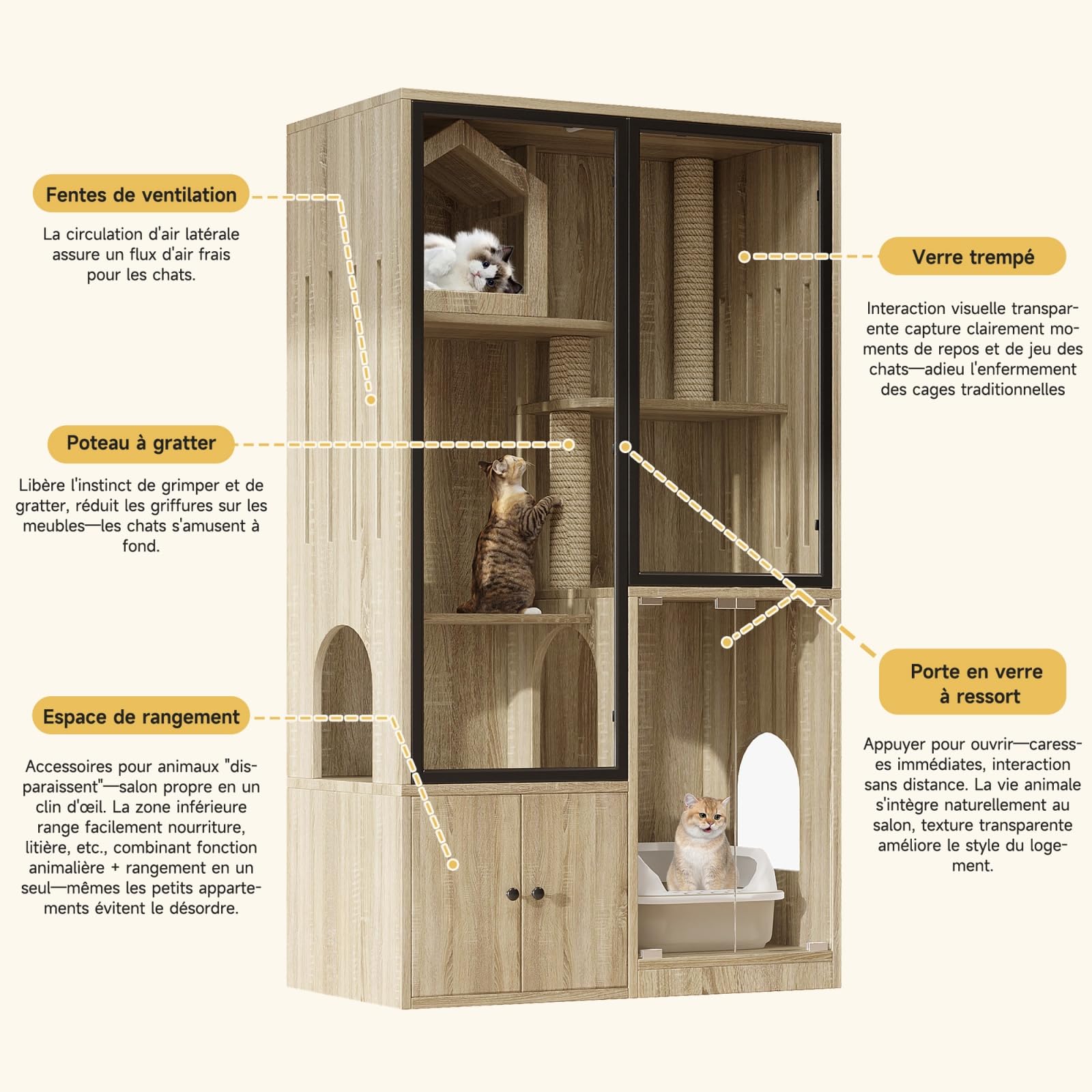 Meuble Litière Chat avec Maison de Toilette, Armoire pour Chat 160 cm avec Rangement, Porte en Verre Trempé, Structure Multicouche, Griffoir, pour Salon (Naturel)