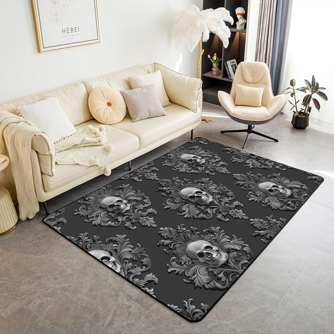 Gothic Sugar Skull Large Area Rug 5x7 Antique Decor Black Damask Living Room Rug | Exotic Victorian Rugs for Bedroom, Goth Vintage Floral Skeleton Carpet Indoor Floor Mat,Charcoal Grey
