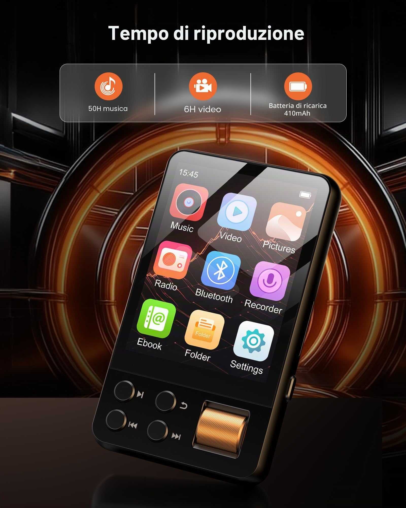64GB Lettore MP3 Bluetooth, MP3 Lettore Musicale con Cuffie, Dittafono, Suono HiFi, Schermo a Colori da 2,4 Polliciideale per Sport, Nero