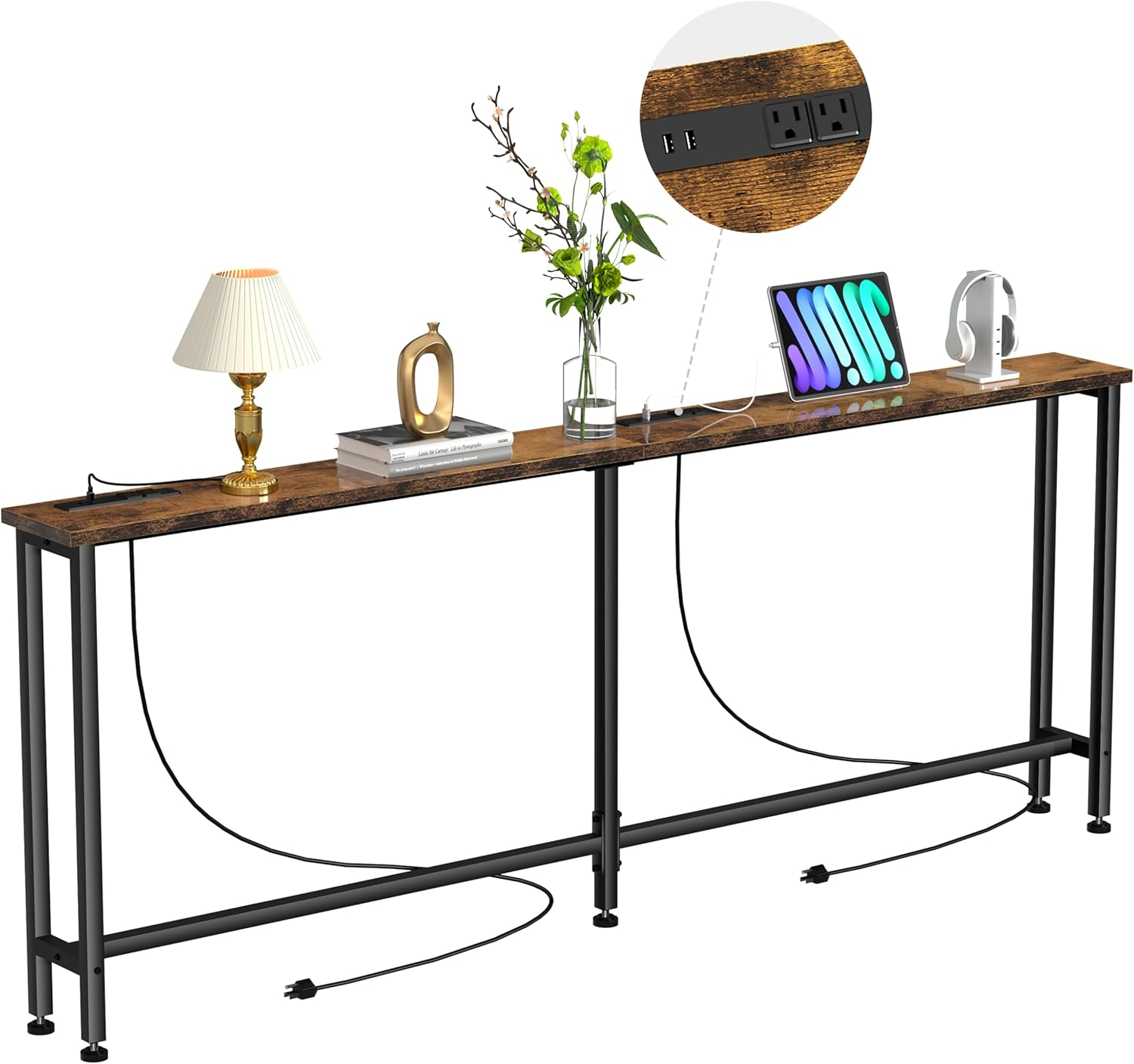 90" Narrow Sofa Table - 2 Power Outlets & 4 USB Ports, Metal Frame,Perfect for Hallway, Office, and Behind Sofa - Easy Assembly, 4.9ft Extension Cord Included Rustic Brown