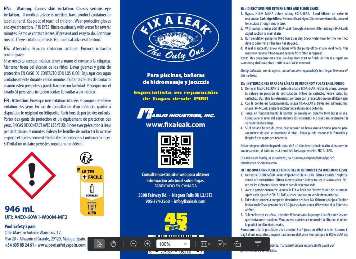 Fix A Leak, Sigillante per perdite in piscina e vasche idromassaggio, specialista in riparazione dal 1980, prodotto in Canada