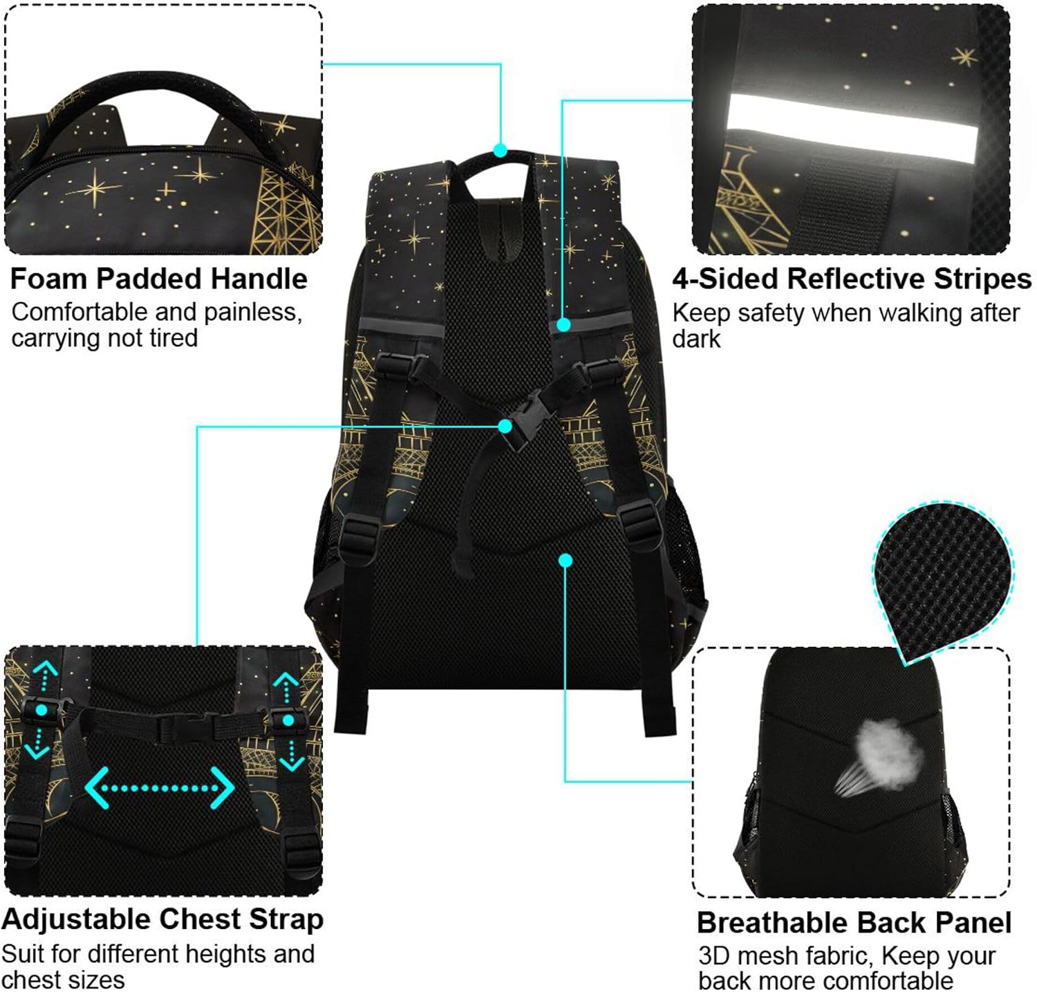 ALAZA Gold Eiffel Tower Starry Sky Backpack Purse for Women Men Personalized Laptop Notebook Tablet Bag Stylish Casual Daypack, 13 14 15.6 inch image 4