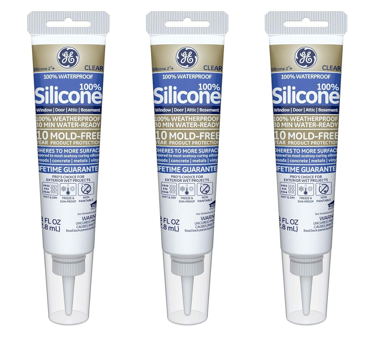 GE GE500 Silicone 2+ Window and Door Caulk 2.8 oz. Squeeze Clear (3-(Pack))