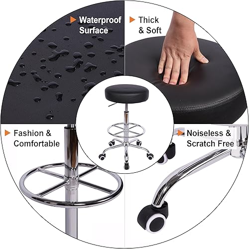 Miniatura 5 de VECELO Taburete redondo con reposapiés y ruedas, fácil montaje, piel sintética, altura ajustable, silla giratoria para spa, oficina, médico,