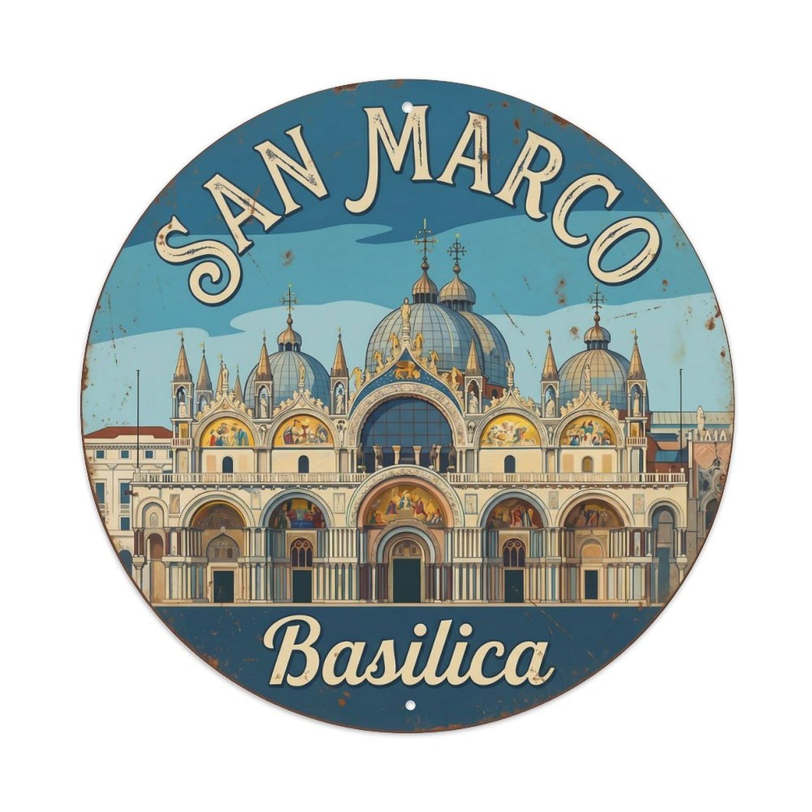 Vintage Travel San Marco Venetian Metal Tin Sign Plaque Wall Decor for Cafe, Club Bar, Office, Home Garden Round Metal Poster 8x8Inch