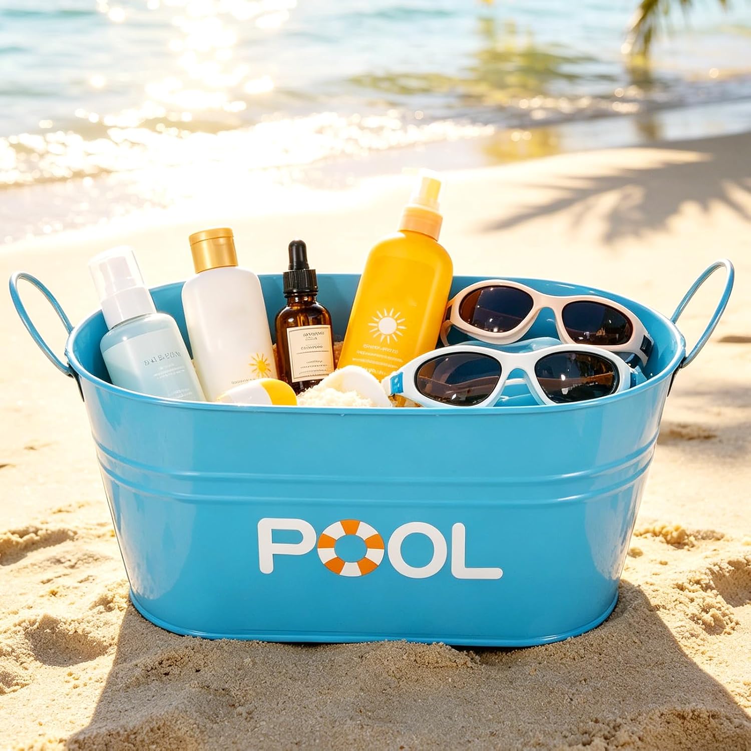 2 Pack Pool Storage Bucket, Metal Poolside Basket with Handles, Outdoor Summer Storage Box, Above Ground Pool Bin for Sunscreen Goggles Clothes Towels Swimming Camping Beach Accessories Decor (Blue)