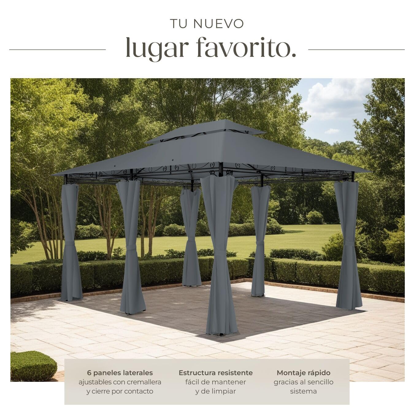 tectake® Carpa Pabellón, Cenador Jardín Exterior, Paneles Laterales, Cenadores para Jardin, Soporte Estable, Pergolas de Jardin, Carpas para Exteriores - 3x4 m Antracita